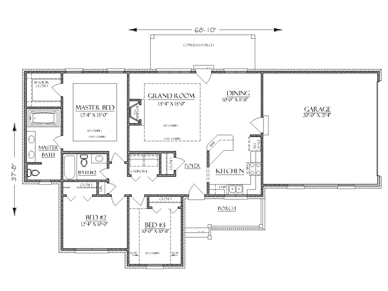 Bungalow, Cottage, Country, Farmhouse, Ranch, Southern, Traditional House Plan 74753 with 3 Beds, 2 Baths, 2 Car Garage Level One