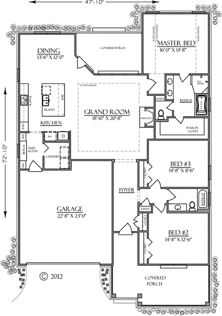 Bungalow, Country, Traditional House Plan 74754 with 3 Beds, 2 Baths, 2 Car Garage First Level Plan
