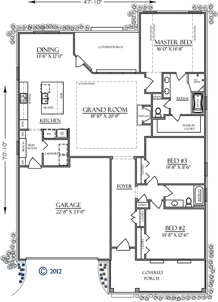 Bungalow, Country, Craftsman, Southern House Plan 74755 with 3 Beds, 2 Baths, 2 Car Garage First Level Plan