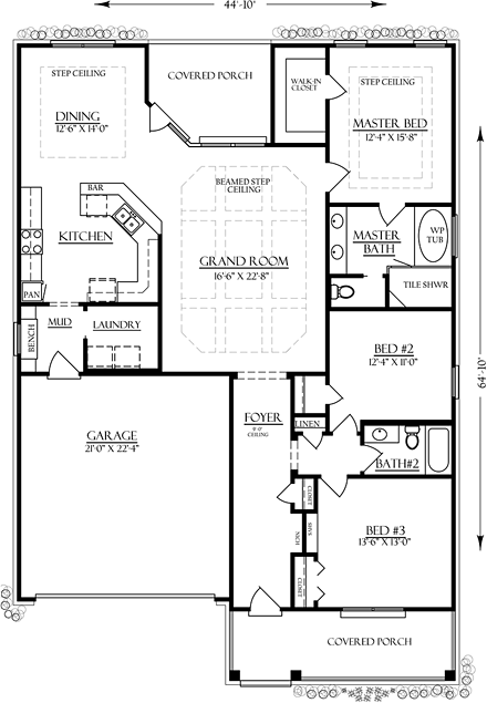 Bungalow, Country, Craftsman House Plan 74760 with 3 Beds, 2 Baths, 2 Car Garage First Level Plan