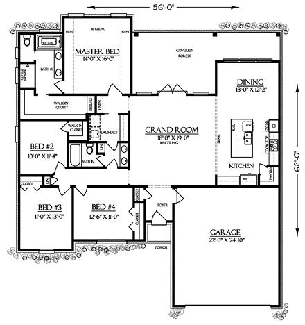 Traditional House Plan 74762 with 4 Beds, 2 Baths, 2 Car Garage First Level Plan