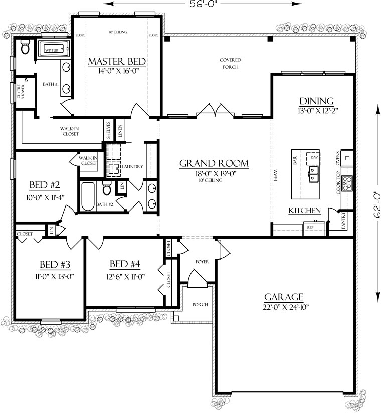 Traditional House Plan 74764 with 4 Beds, 2 Baths, 2 Car Garage Level One