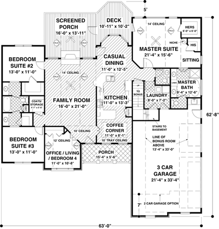 Craftsman House Plan 74804 with 4 Beds, 3 Baths, 3 Car Garage First Level Plan