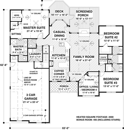 Craftsman House Plan 74805 with 4 Beds, 3 Baths, 3 Car Garage First Level Plan