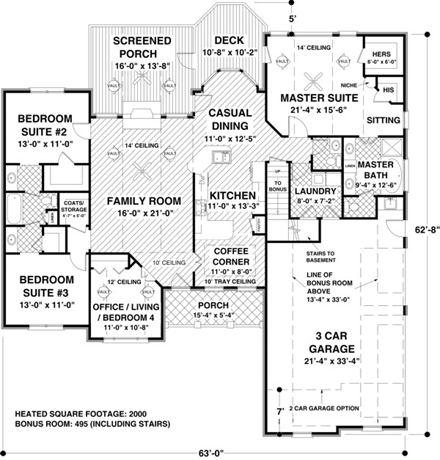 Traditional House Plan 74806 with 4 Beds, 3 Baths, 3 Car Garage First Level Plan