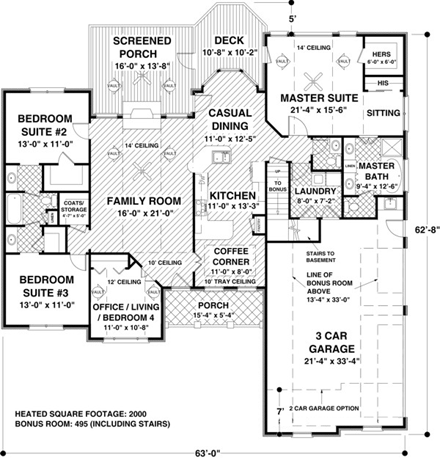 Craftsman, European House Plan 74807 with 4 Beds, 3 Baths, 3 Car Garage First Level Plan