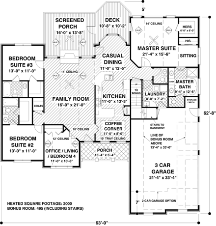 Craftsman, Ranch House Plan 74810 with 4 Beds, 4 Baths, 3 Car Garage First Level Plan