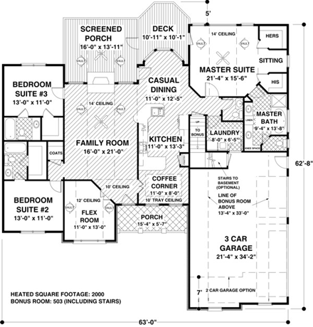 Craftsman, Ranch House Plan 74811 with 3 Beds, 4 Baths, 3 Car Garage First Level Plan