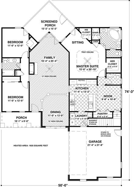 Craftsman, One-Story House Plan 74815 with 3 Beds, 3 Baths, 2 Car Garage First Level Plan