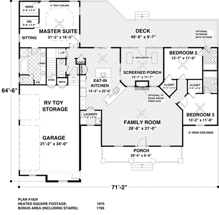 Traditional House Plan 74819 with 3 Beds, 4 Baths, 3 Car Garage First Level Plan