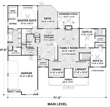 Country, Farmhouse, Ranch House Plan 74834 with 3 Beds, 4 Baths, 2 Car Garage First Level Plan