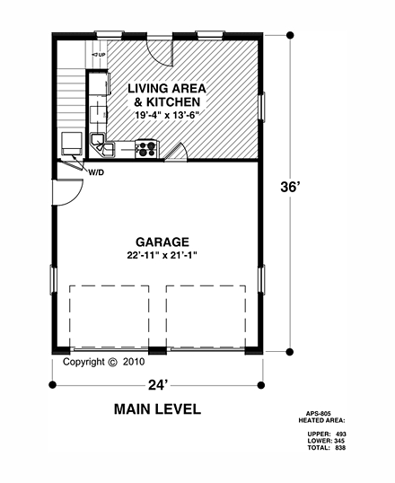 2 Car Garage Apartment Plan 74839 with 1 Beds, 1 Baths First Level Plan
