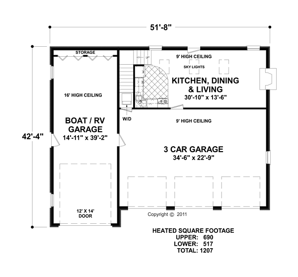 4 Car Garage Apartment Plan 74842 with 2 Beds, 1 Baths, RV Storage Level One