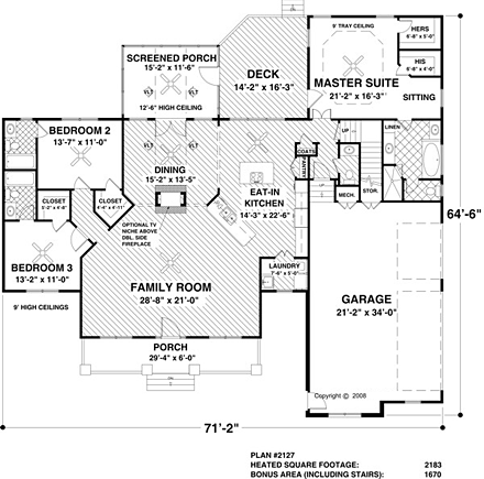 Cottage, Country, Craftsman, Ranch House Plan 74854 with 3 Beds, 3 Baths, 3 Car Garage First Level Plan