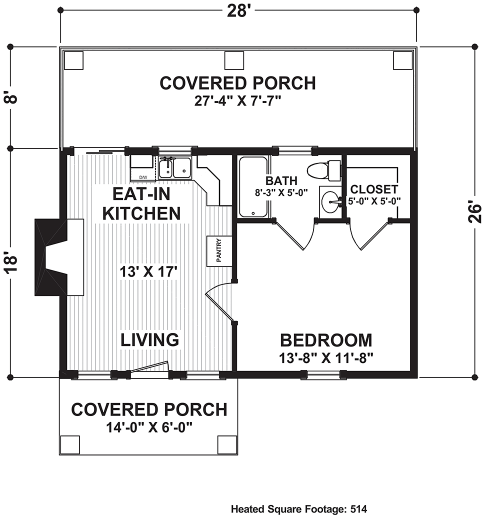 Cottage, Craftsman, Tuscan House Plan 74863 with 1 Beds, 1 Baths Level One