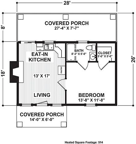 Cottage, Craftsman, Tuscan House Plan 74863 with 1 Beds, 1 Baths First Level Plan