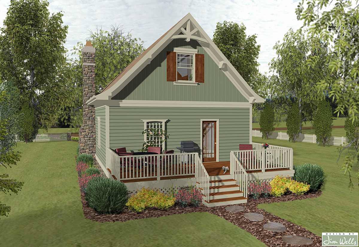 Cottage, Craftsman, Narrow Lot House Plan 74868 with 1 Beds, 2 Baths Rear Elevation