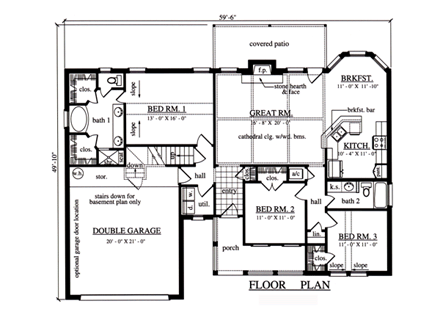Cape Cod, Country, One-Story House Plan 75000 with 3 Beds, 2 Baths, 2 Car Garage First Level Plan