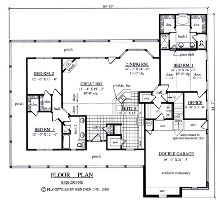 Country House Plan 75012 with 4 Beds, 2 Baths, 2 Car Garage First Level Plan