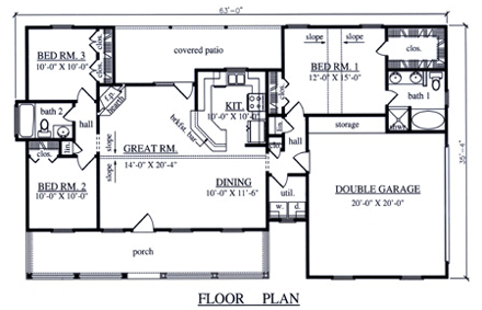Country House Plan 75013 with 3 Beds, 2 Baths, 2 Car Garage First Level Plan