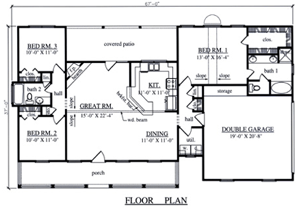 Country House Plan 75014 with 3 Beds, 2 Baths, 2 Car Garage First Level Plan