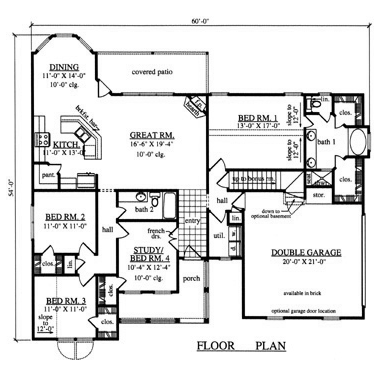 Country House Plan 75018 with 4 Beds, 2 Baths, 2 Car Garage First Level Plan