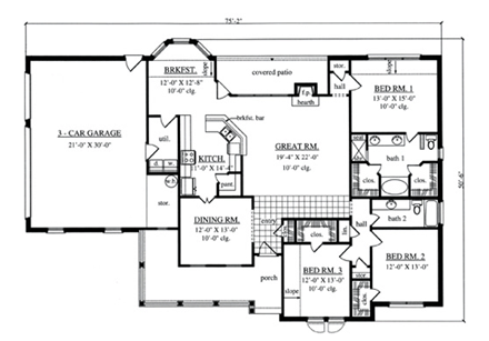 Country House Plan 75027 with 3 Beds, 2 Baths, 3 Car Garage First Level Plan