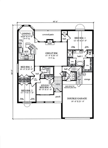 Country House Plan 75029 with 4 Beds, 2 Baths, 2 Car Garage First Level Plan