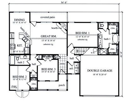 Country House Plan 75031 with 3 Beds, 2 Baths, 2 Car Garage First Level Plan