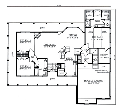 Country House Plan 75034 with 3 Beds, 2 Baths, 2 Car Garage First Level Plan