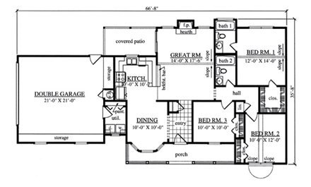 Country House Plan 75038 with 3 Beds, 2 Baths, 2 Car Garage First Level Plan