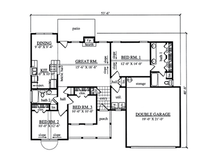 Country House Plan 75039 with 3 Beds, 2 Baths, 2 Car Garage First Level Plan
