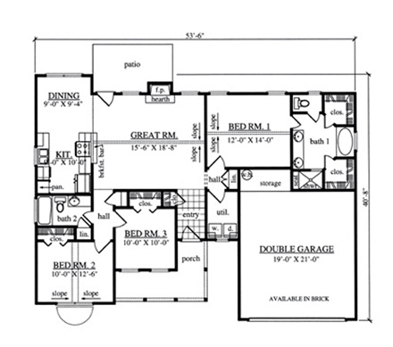 Country House Plan 75040 with 3 Beds, 2 Baths, 2 Car Garage First Level Plan