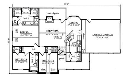 Country House Plan 75041 with 3 Beds, 2 Baths, 2 Car Garage First Level Plan