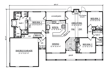 Country, Farmhouse House Plan 75045 with 3 Beds, 2 Baths, 2 Car Garage First Level Plan