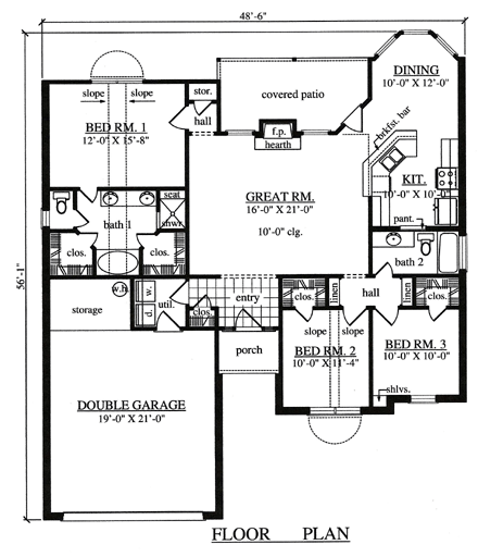 Traditional House Plan 75053 with 3 Beds, 2 Baths, 2 Car Garage First Level Plan