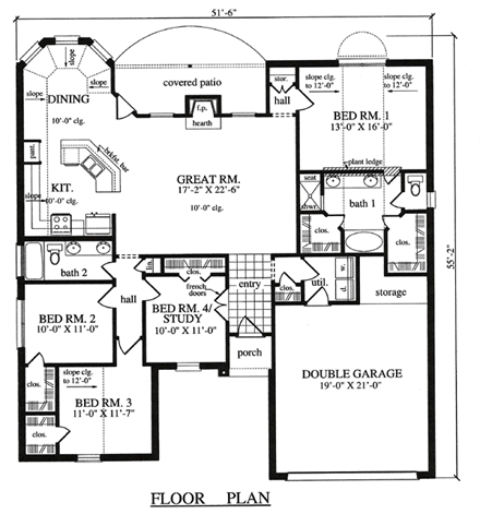 Country, Traditional House Plan 75055 with 4 Beds, 2 Baths, 2 Car Garage First Level Plan