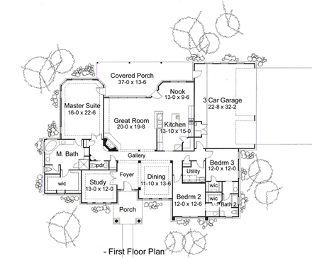 Colonial, Traditional House Plan 75117 with 3 Beds, 3 Baths, 3 Car Garage First Level Plan