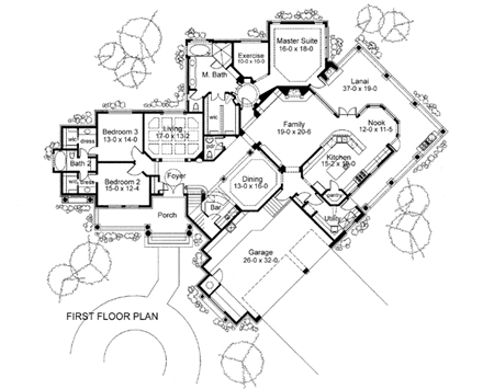 Italian, Mediterranean House Plan 75129 with 5 Beds, 5 Baths, 3 Car Garage First Level Plan