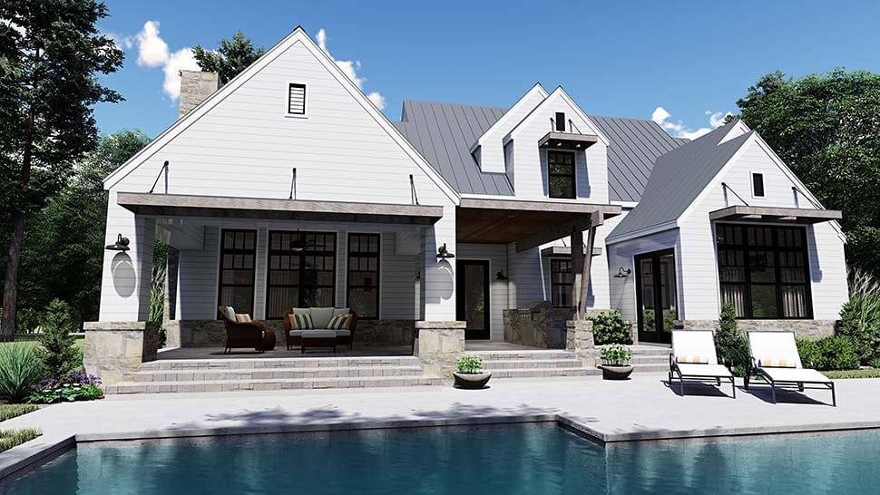 Farmhouse, Southern Plan with 2828 Sq. Ft., 4 Bedrooms, 4 Bathrooms, 2 Car Garage Rear Elevation