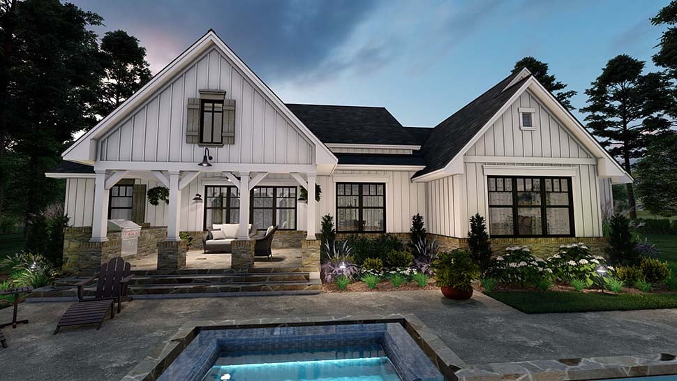 Cottage, Farmhouse, Southern Plan with 2459 Sq. Ft., 4 Bedrooms, 3 Bathrooms, 2 Car Garage Rear Elevation