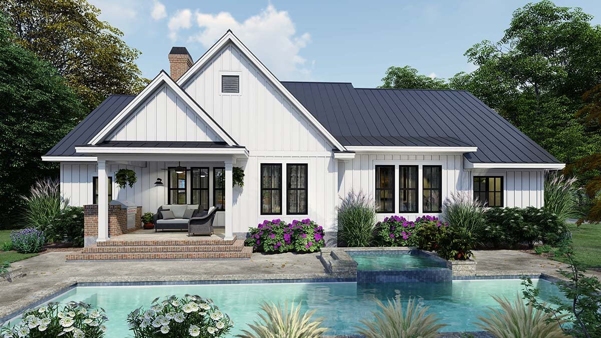 Cottage, Country, Farmhouse Plan with 2192 Sq. Ft., 4 Bedrooms, 3 Bathrooms, 2 Car Garage Rear Elevation