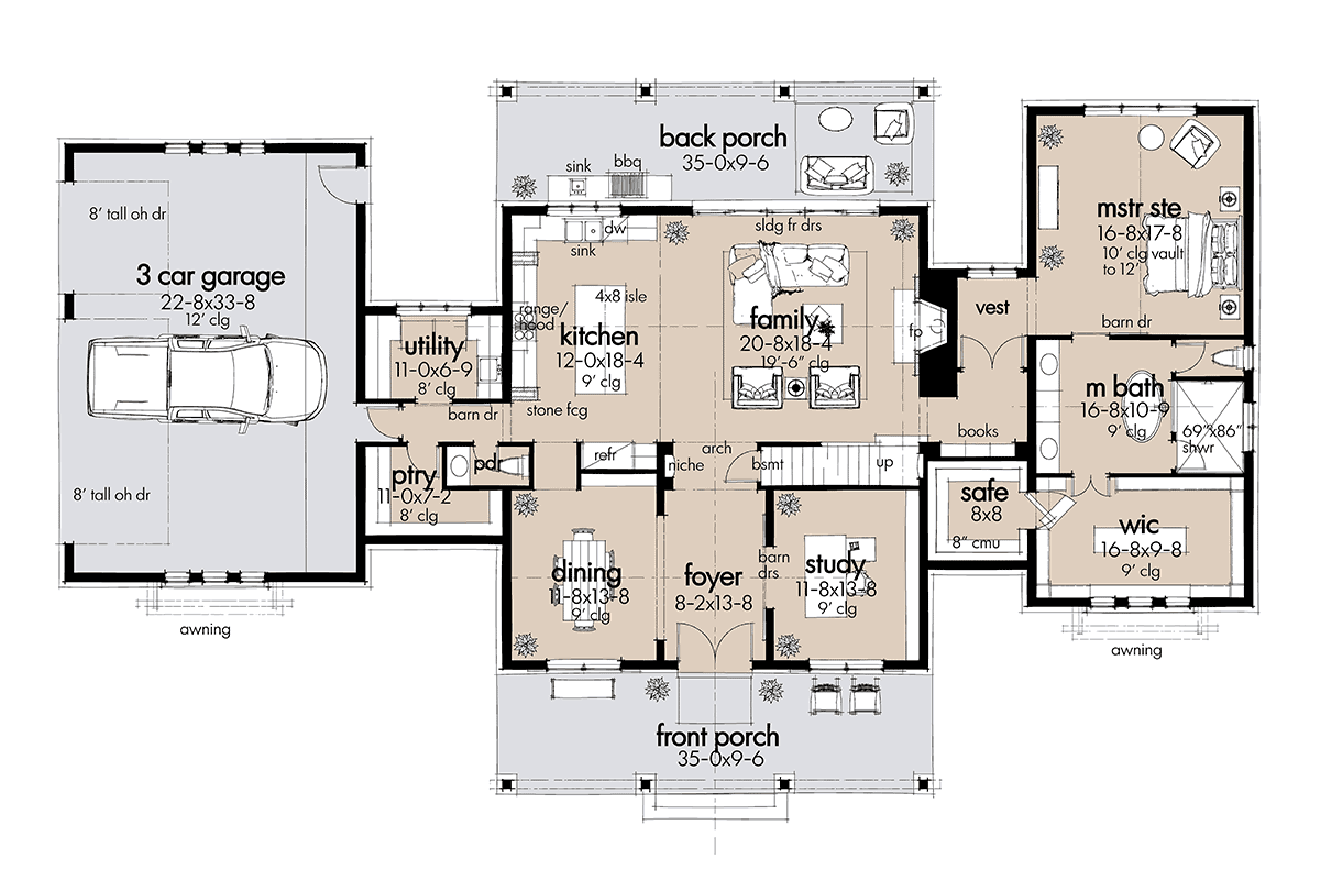Barndominium, Country, Farmhouse House Plan 75172 with 3 Beds, 3 Baths, 3 Car Garage Level One
