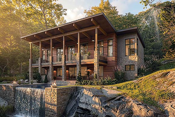 Cabin, Contemporary, Modern House Plan 75178 with 3 Beds, 4 Baths, 2 Car Garage Elevation