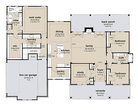 Country, Ranch House Plan 75179 with 3 Beds, 2 Baths, 2 Car Garage First Level Plan