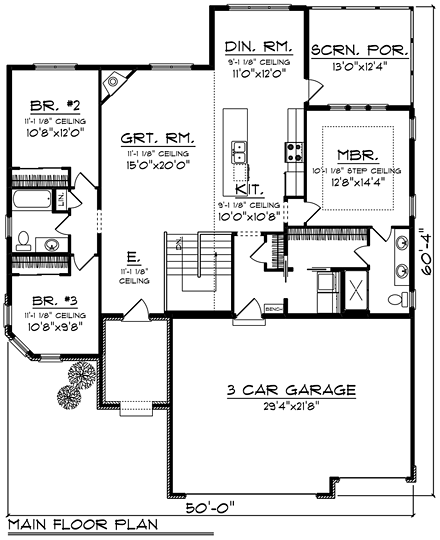Craftsman, European, Italian House Plan 75234 with 3 Beds, 2 Baths, 3 Car Garage First Level Plan