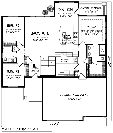 Bungalow, Cottage House Plan 75237 with 3 Beds, 2 Baths, 3 Car Garage First Level Plan