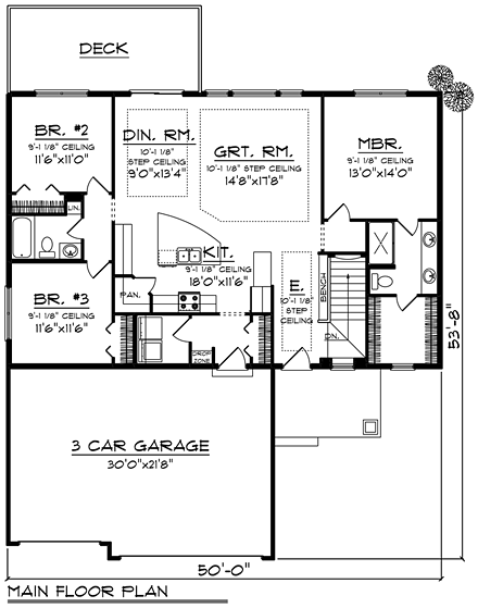 Country, Craftsman House Plan 75255 with 3 Beds, 2 Baths, 3 Car Garage First Level Plan