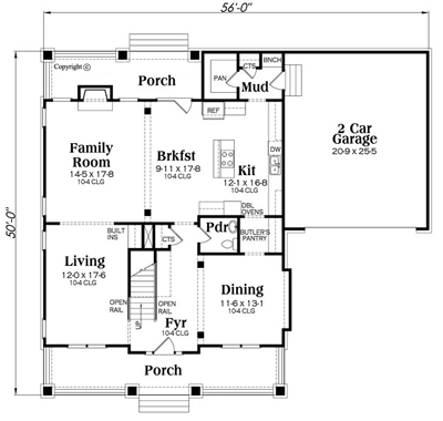 Bungalow, Country, Craftsman, Southern House Plan 75313 with 4 Beds, 3 Baths, 2 Car Garage First Level Plan
