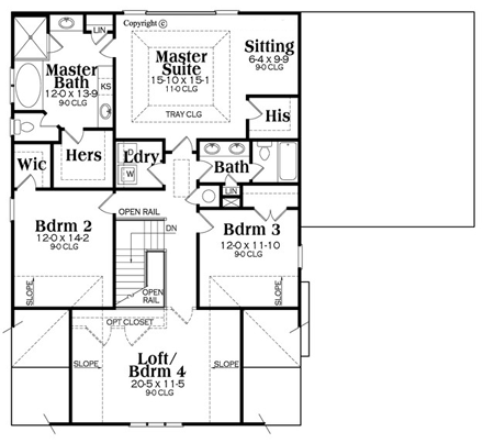 Bungalow, Country, Craftsman, Southern House Plan 75313 with 4 Beds, 3 Baths, 2 Car Garage Second Level Plan